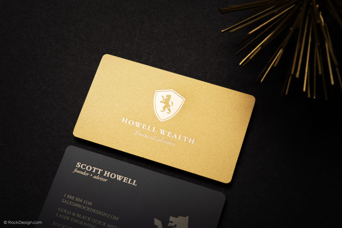 Prestigious Black & Gold Laser Engraved Metal Business Card Template Design - Howell Wealth