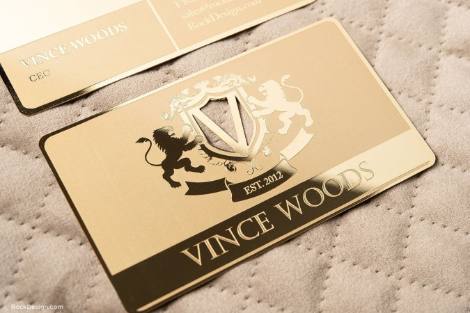 Extra fancy gold metal biz card with etching – Vince Woods