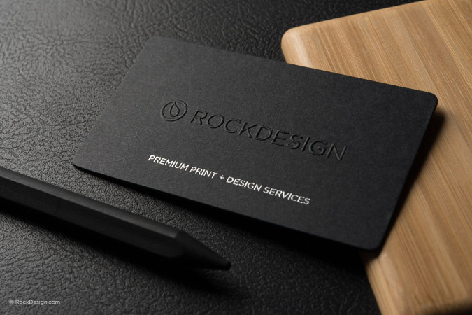 Modern elegant black duplex business card with embossed text - RockDesign