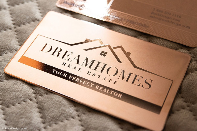 Classy rose gold metal visiting card template with crosshatch pattern – Dream Homes
