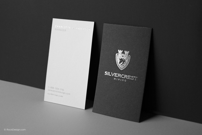 Contemporary black and white duplex business card with silver foil - Silvercrest