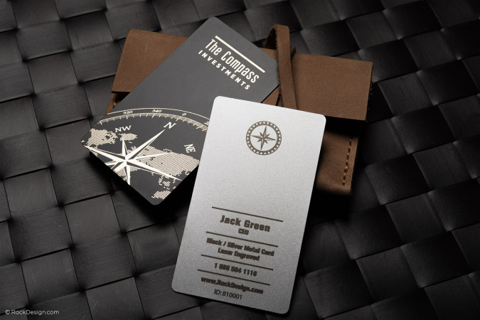 Modern Black & Silver Laser Engraved Metal Business Card Template Design - The Compass