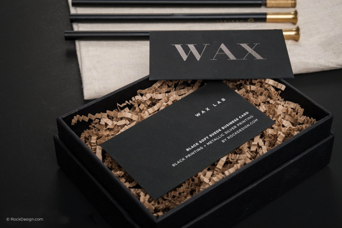 Modern minimalistic black suede business card with metallic ink - Wax
