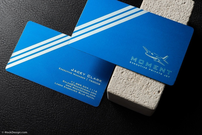 Modern blue metal private jet name card template – Moment