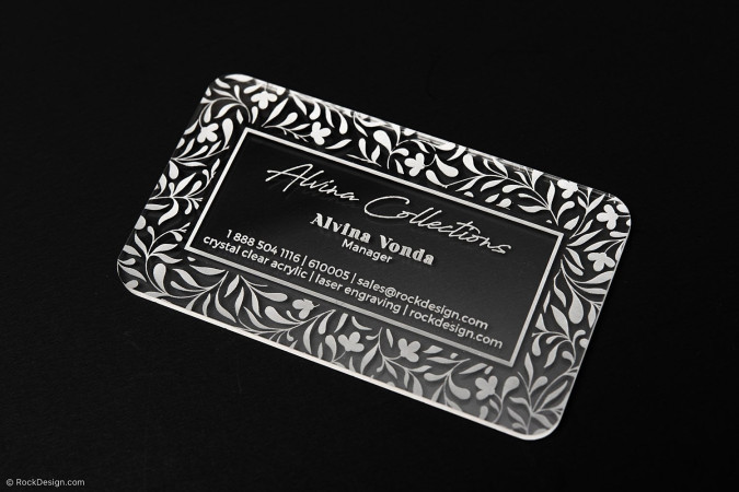 Floral Engraved Crystal Clear Acrylic Business Card Template Design - Alvina Collections