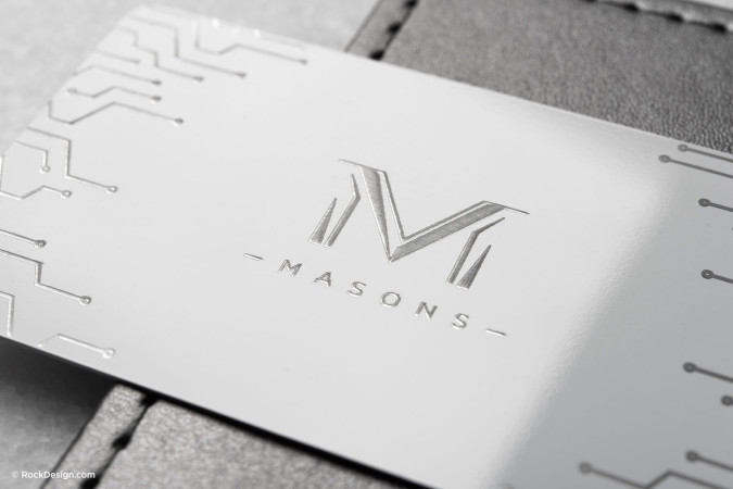 Technological Laser Engraved White Metal Business Card Design Template - Masons