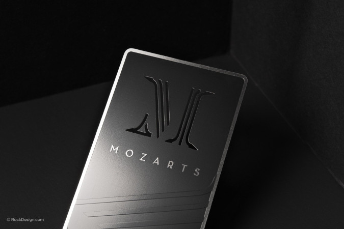 Stylish stainless steel with black ink and cut through business card - Mozarts