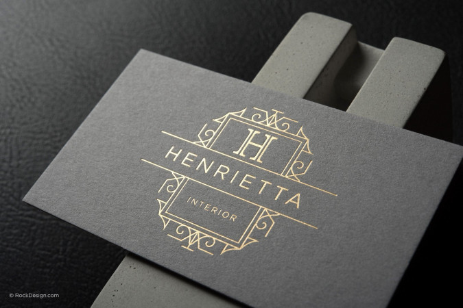 Elegant light gray duplex business card with gold foil stamping - Henrietta