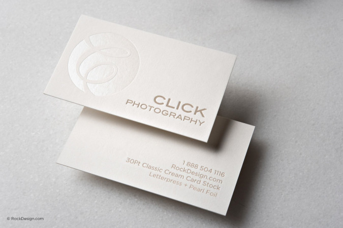 Premium modern letterpress with pearl foil business card template - Click Photography