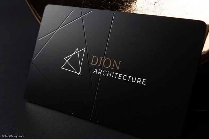 Geometric Etched Black Metal with Metallic Ink Template Business Cards - Dion