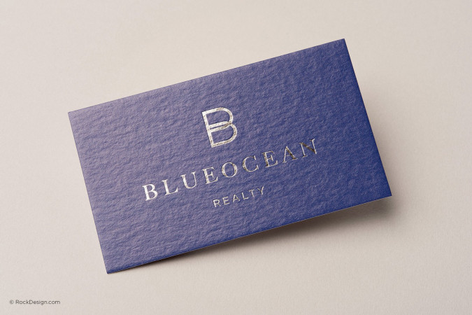 Classic traditional realtor business card template with silver foil - Blue Ocean