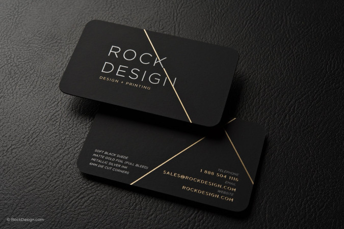 Luxury modern black suede business card with metallic ink and gold foil - Rock Design