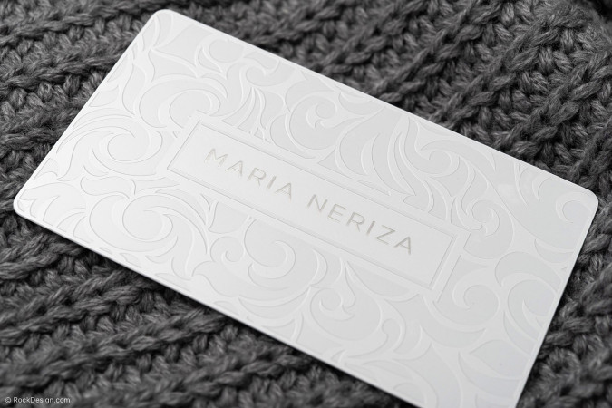 Elegant Laser Engraved White Metal Business Card Template Design - Maria Neriza