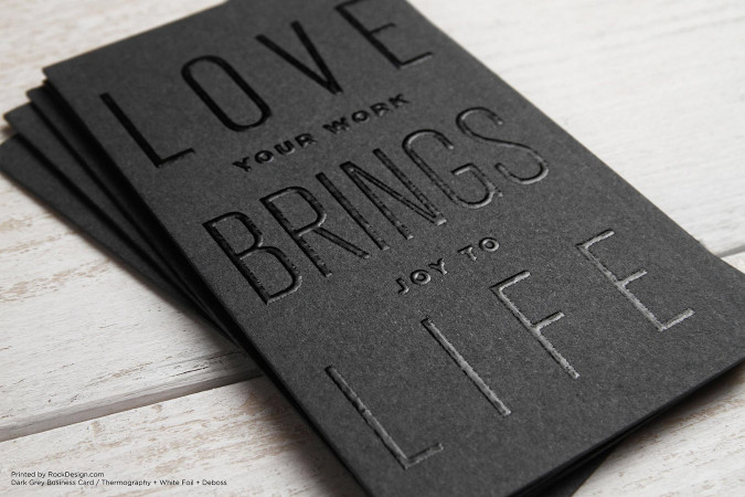 Gray thermography deboss foil stamp modern business card design - Love Brings Life