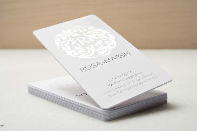 Elegant modern white suede business card with foil stamping and letterpress - Rosa Marsh