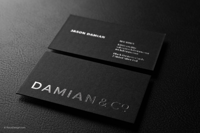 Modern minimalist black duplex business card template with silver foil - Damian & Co.