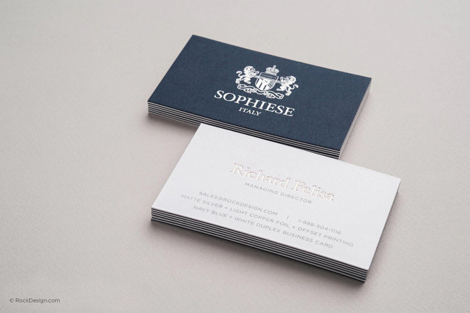 Fancy custom navy blue and white duplex business card with foil stamping - Sophiese