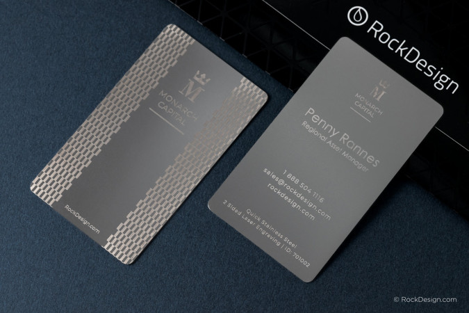 Laser engraved stainless steel metal business cards with modern pattern, brushed finish, custom engraved logo and contact details by RockDesign.