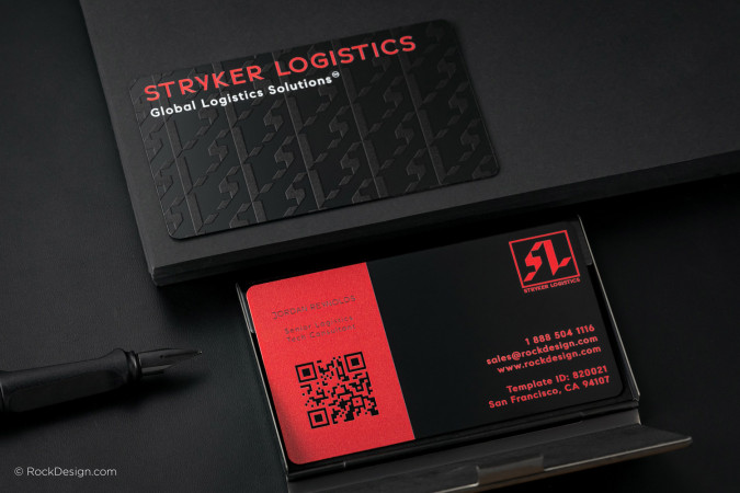 Luxury black and red metal business card for Stryker Logistics featuring UV gloss pattern, rounded corners, and QR code — modern bold design by RockDesign.
