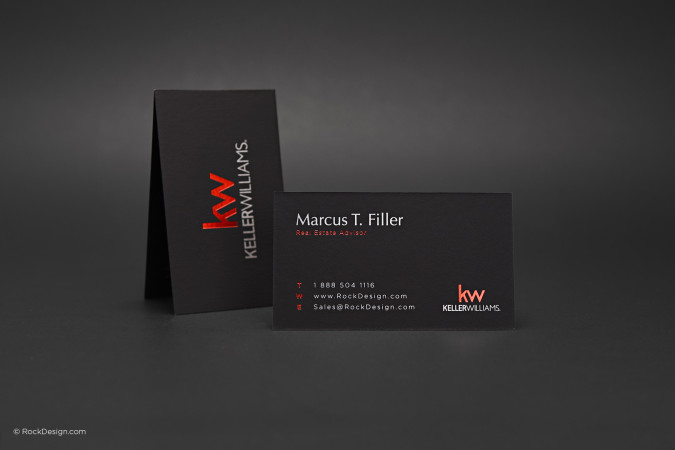 Premium black business cards for Keller Williams featuring red foil accents and contact details for Real Estate Advisor Marcus T. Filler.