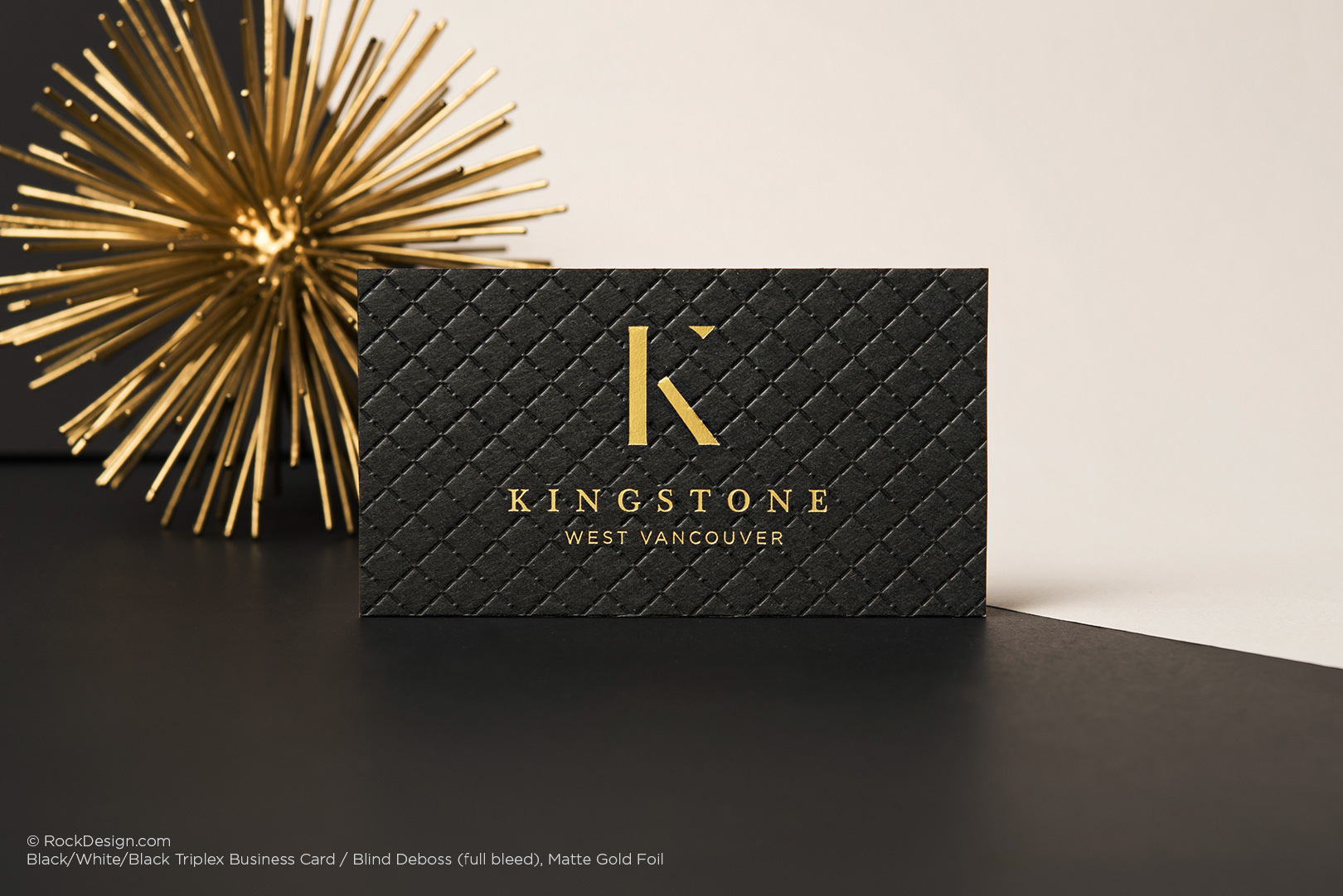 Premium black business card with gold foil logo and quilted pattern for Kingstone West Vancouver, elegant and sophisticated design