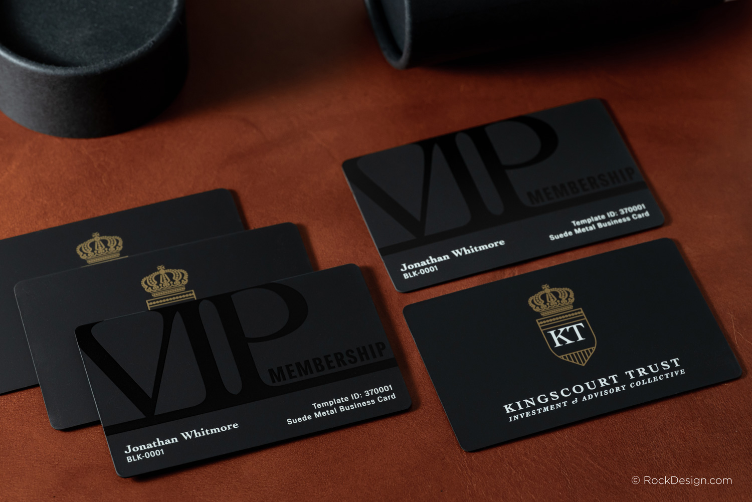 Collection of luxury black suede metal business cards showcasing metallic gold etching, white spot color printing, custom VIP membership card design, and premium soft-touch black metal finishes.