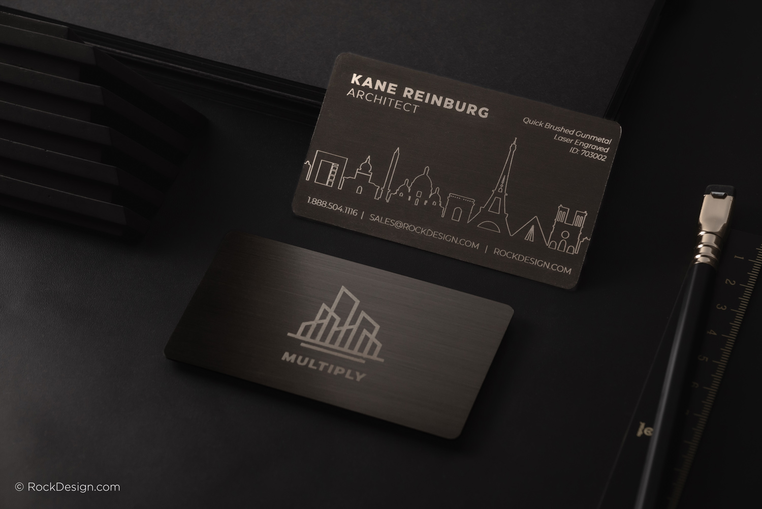 Laser Engraved Gunmetal Business Card Templates | RockDesign.com